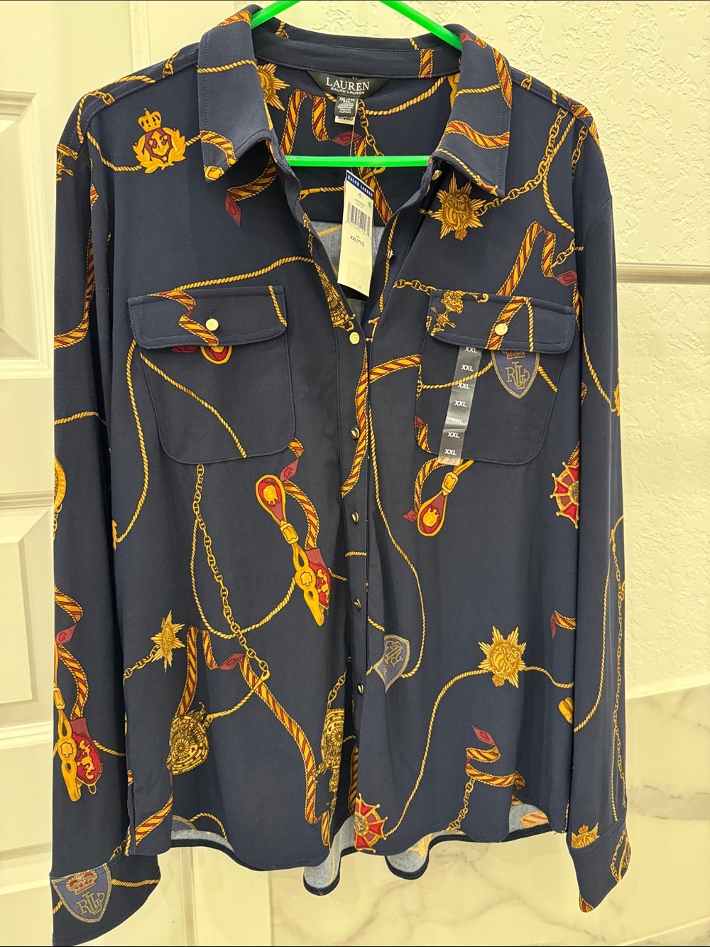 Ralph Lauren Navy Button-Up Shirt with Gold Chain Print-stretchy!